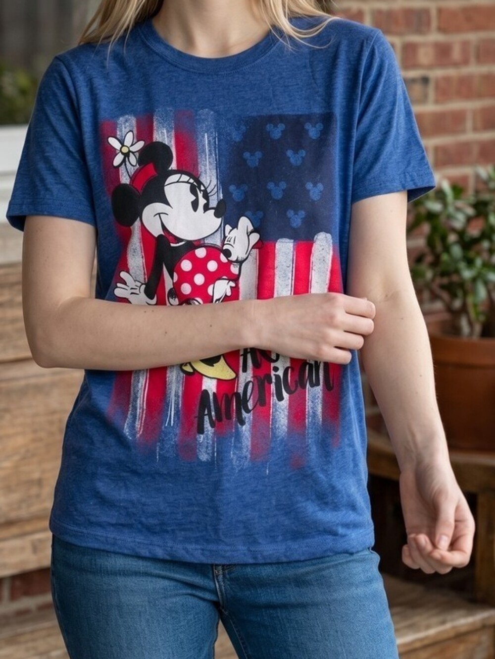 Disney Store Minnie Mouse All American Flag Graphic T-Shirt Blue Women's Large